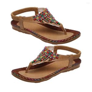 Sandals Boho Women Flat 2024 Summer Clip Toe Insole Rubber Outsole Elastic Ankle Strap Beaded T-Strap Design