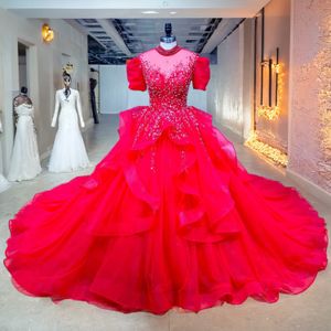 Hire Lnyer High Neck Short Sleeve Lace Up Back Sparkly Beads Pearls Crystal Sequins Flowers Shiny Red Ball Gown Wedding Dresses