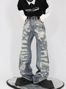 Męskie spodnie Houzhou Hip Hop Rubted Dżinsy Mężczyźni High Street Male Male Distered Denim szerokie Leg Casualne spodnie Vintage Streetwear Loose