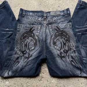 Hiphop Geometric Pattern Design Trendy Highwaisted Jeans Men 2000s Vintage Fashion Hiphop Punk Rock Baggy Wideleg Y2K Pants 240403