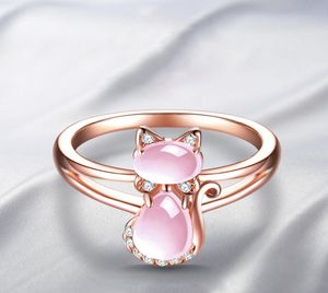 Söt Animal Rose Gold Color Cat Ring for Women Girls Pink Crystal Stone Kitten Finger Ring Open Justerbara smycken gåvor Anillos2291886