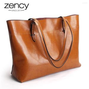 Drawstring Zency 2024 Brown Women Handbag Genuine Leather Female Shoulder Purse Ladies Black Tote Bag Large Capacity Shopping Bags