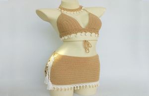 3pcs Bikini Set Woman Crochet Shell Tassel Top And Seashell Ankle Chain Sexy Beach Skirt Lace See Through Slim Mini Women039s S6886940