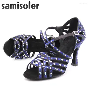 Sapatos de dança vestido samisoler mulher zapatos de baile latina mujer preto cetim azul escuro shinestones