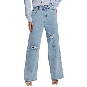 Denim Frauen lose Weitbeinhosen hohe taillierte zerrissene Jeans -Damen Jeans
