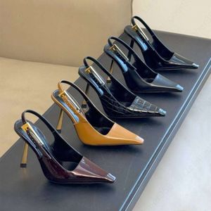 Luksusowe sztyletowe obcasy Sandały Sandały Slingback Pumps 10,5 cm designerskie sukienki Skórzane palce kwadratowe