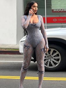 TARUXY See Through Mesh Sexy Jumpsuit Women Bow Splice Long Sleeve Bodycon One Piece Girl Party Sexy Club Overalls For Woman 240417