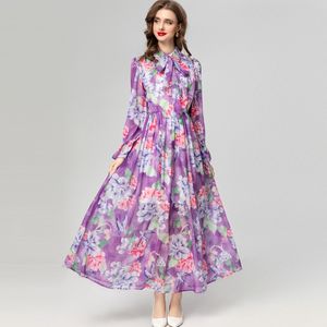 Kvinnors banor klänningar avvisar krage snörning bågtryckt blommiga mode high street maxi vestidos