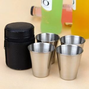 4 Pcs/Set Polished 30 Ml Mini Stainless Steel Shot Glass Cup Drinking Wine Glasses With Leather Cover Bag For Home Kitchen Bar