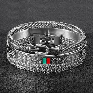Famosa marca de aço de aço Twist Bangle Wire Prain Black Link Bracelet Red Green esmalte as jóias Conjunto para homens 240327