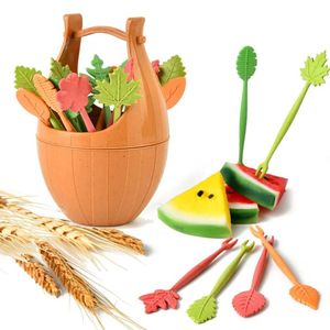 16 pezzi biodegradable di forcella di frutta set foglie di paglia di grano foglie deserle insalata vegetale barbecue per feste cocktail forks picks decor da tavolo