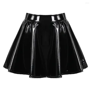 Kjolar blossade miniskirt för kvinnor glansigt patent läder kjol dans prestanda mini klubbkläder cosplay kostym retro klänning