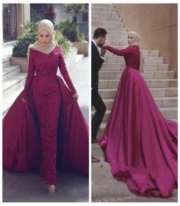 2018 Muslim Long Sleeves Evening Dresses With Detachable Train Sheath Lace Beaded Prom Dress Long Arabic Formal Party Wear3801025