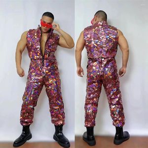 Stage Wear Pink Silver Laser Mirror Sleeveless Jumpsuit Male Women Hip Hop Dancer Groups Sequins Rompers Festival Party Dance Costume