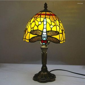 Bordslampor Temaren Tiffany Glass Lamp Led Creative Design Dragonfly Mönster Desk Lätt dekor för hem vardagsrum sovrummet