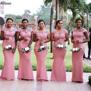 Arabic Aso Ebi Pink Long Mermaid Bridesmaid Dresses Floral Lace Elegant Maid Of Honor Gowns Floor Length Women Cap Sleev