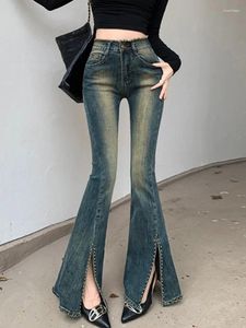 Kvinnors jeans flare damer mager delad lapptäcke boot-cut denim byxor mujer mode stretch byxor för kvinnor 2024