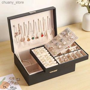 Tillbehör Förpackningsarrangörer Tvåskikts lädersmycken Box Orangör Earrings Rings Ringenes Halsband Lagring Fodral med Lock Women Girls Gift Y240417