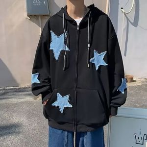 Retro Y2k Men Hoodies Harajuku Star Patch Zipper Hooded Oversized Hip Hop Gothic Streetwear Loose Sweatshirt Unisex Hoodie Coat 240417