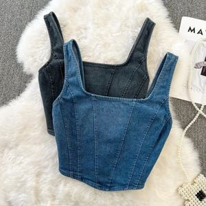 Vintage Denim Tanks Camis for Women Almighty Casual Sleeveless Zipper Spliced Femme Corset Crop Tops Elegant Chic Tank Camisoles 240407