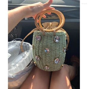 Totes Handmade Rhinestone Straw Basket Bag 2024 Small Crystal Embellished Rattan Bucket Top-handle Bags Beach Purses And Handbags
