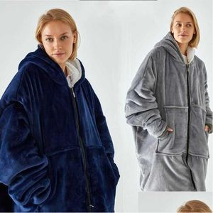 Filtar bärbara filt överdimensionerade hoodie bekväma förlängda med blixtlås för män/kvinna TV julklapp leverans hem trädgård text otpga