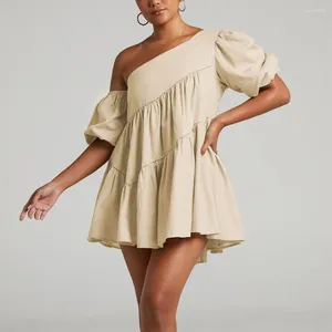 Vestidos casuais 2024 Mini vestido de verão feminino Mini vestido curto de luva de coloração sólida em camadas A-line Babydoll Beach Sundressas