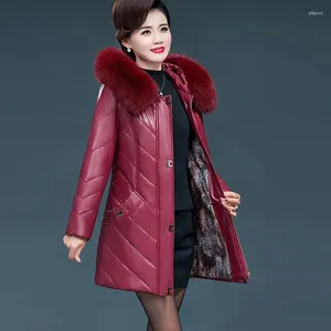 Women's Leather L-7XL High End Middle Aged Jacket Winter Thicken Warm Fur Collar Mid-length Faux Coat Female