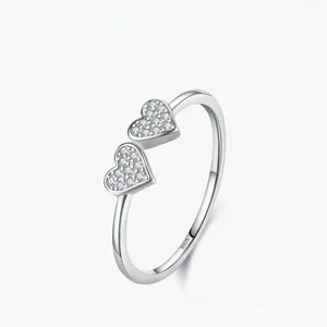 Ringos de cluster S925 Silver Ring simples Double Love Zircão feminina fofa de jóias de coração doce em forma de coração