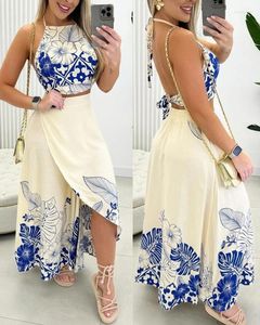 Work Dresses Two Piece Set Women Outfit 2024 Summer Tropical Print Halter Tied Detail Backless Top & Casual Slit Maxi Vacation Skirt