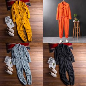 Mäns Lapel Cotton Overall Hip-Hop Street Clothing Japanese and Korean Loose Couple Corset Jumpsuit Green Black