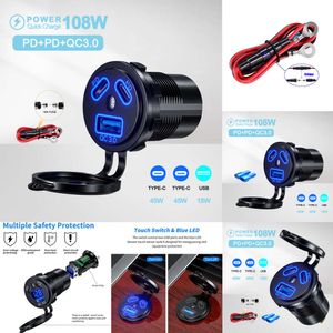 New 108W USB Car Charger Socket 3 Ports Dual 45W PD Type C & 18W QC3.0 Power Outlet Fast Charge for 12V/24V Boat Sedan RV Motorcycle