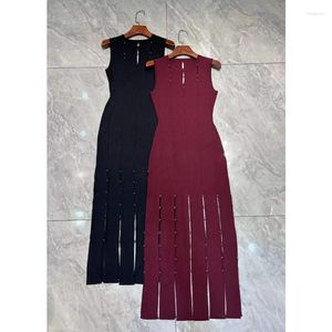 Casual Dresses Fashion Cut Fringe Bottom Designs Stretch Knit Down for Women High Quality 2024 O-Neck Hollow Out Trim Elegant Sleeveless