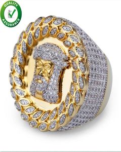 Hip Hop Mens Schmuckringe Luxus Gold plattiert Mikro gepflastert Diamant CZ Pharao runde Ringe breiter Hochzeitsfinger Ring Kristall Bling PU9244500