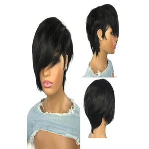 Syntetiska peruker The Short Cut Wavy Bob Pixie Wig Non Lace Front Remy Brasilianskt mänskligt hår med lugg för svarta kvinnor Fl hine Made548511 othdu