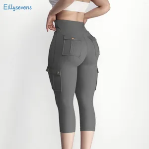 Women's Pants Womens Capris Yoga Leggings Causal Fitness Jogging Sports 3/4 Length Solid Simple Elasticity With Pockets