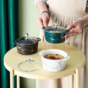 Corriere set di ceramica in oro nordico piccolo ridotto rotondo nido di uccello binaurale impermeabile con zuppa di coperchio in vetro