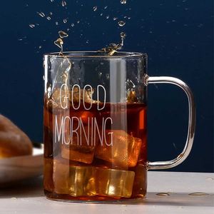 Mugs 1 pcs Letter Printed Transparent Creative Glass Coffee Tea Mug Drinks Dessert Breakfast Milk Cup Glass Mugs Handle Drinkware Cup 240417