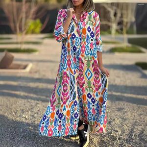 Casual Dresses 2024 Summer Fashion Elegant Women's Printed Dress Large Size Lose Single Breasted Flip Collar Vintage Shirt Robe Vestidos