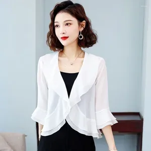 Kvinnors jackor ruffle Edge Chiffon Short Jacket för 2024 Spring Summer Sun Protection Uterkläder tunn mångsidig sjalrockstopp