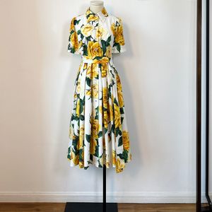 Floral Print Midi Shirt Dresses for Women Short Sleeve Lace Up Holiday Dress Runway Designer Fashion Clothes Summer Vestido