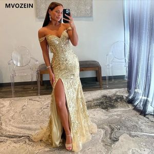 Party Dresses Off The Shoulder Prom Dress Mermaid Sequin Lace Gold Evening Long Formal Occasion Sexy Split