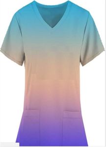 Gradient Color Women039s Scrubs T Shirt krótkie mundury rękawowe Tops Vneck Pocket Nurse Tshirts I Love Nursing Medical S6316574
