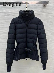 Women's Jackets Evagina Runway Fashion Winter Vintage Black Color Down Jacket Lantern Sleeve Pockets Sashes Straight