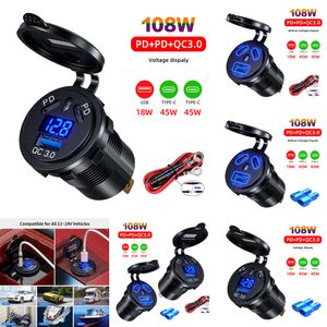 Ny 12V/24V 108W 3 Ports Car Dual 45W PD Typ C 18W QC 3.0 USB -laddare för motorcykelutloppsadapter