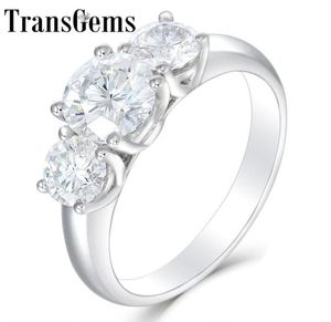 Transgems 10K White Gold 22CTW Center 12ct 7mm och SIDE 05CT 5MM F Color Moissanite 3 Stone Engagement Jubileumsring Y1906121526564