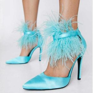 Dress Shoes Blue Feather Trim Pointy Toe Stiletto Heels Pumps Concise Satin Hollow Ankle Strap Spring Autumn Solid