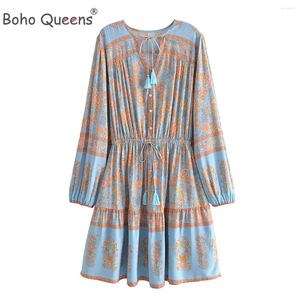 Casual Dresses Boho Queens Blue Floral Print Tie Neck Women Hippie Bohemian Mini Dress Damer Långärm Rayon Summer Vestidos