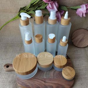 Förvaringsflaskor grossist 30 ml-150 ml frostat klart glas kosmetisk toner dropper flaskburk med skruv bambu lock hudvård behållare