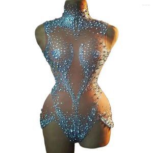 Scena nosić kobiety seksowne siatkę Wyglądanie przez strój tańca Piosenkarka kostiumowa tancerz Show Showly Rhinestones Bodysuit